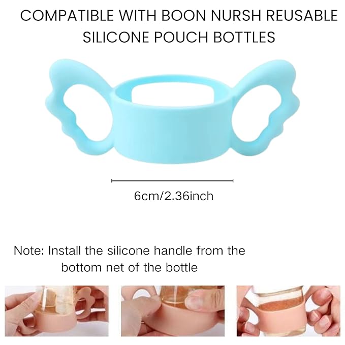 4 Pack Bottle Handles Compatible with Boon Nursh Reusable Silicone Pouch Bottles, Cute Wing Design, Silicone Bottle Holder for Easy Grip, Quick Install, Easy to Clean