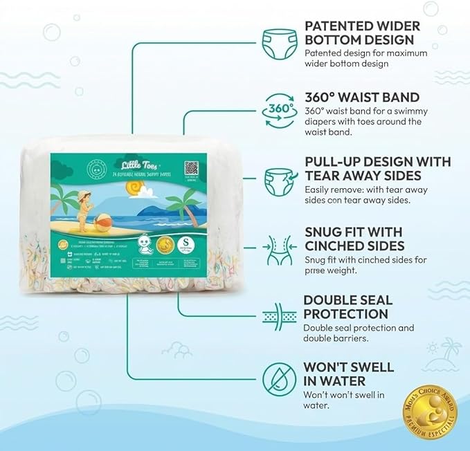 Little Toes Premium Natural Disposable Swim Diapers, Size 1–2 Small (13–20 lbs) (24 Count) | Baby Disposable Swim Diapers | Hypoallergenic, Chlorine & Fragrance-Free | Gentle on Sensitive Skin