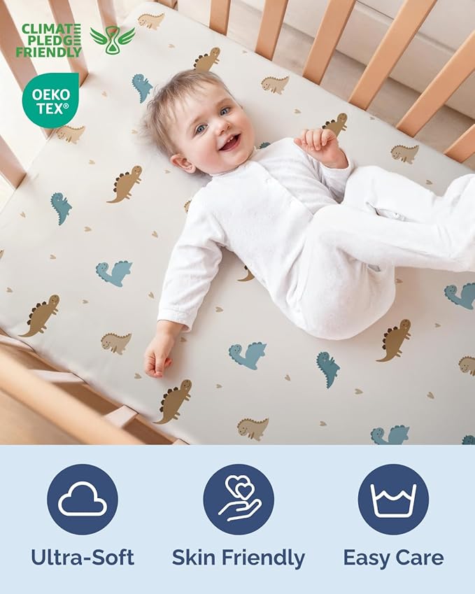 Baby Crib Sheets for Boys & Girls - Pack of 2 Fitted Microfiber Crib Sheets for Standard Crib & Toddler Mattress - Soft, Breathable & Wrinkle Free - Machine Washable, Oeko Tex - 52x28x8in - Cute Dinos