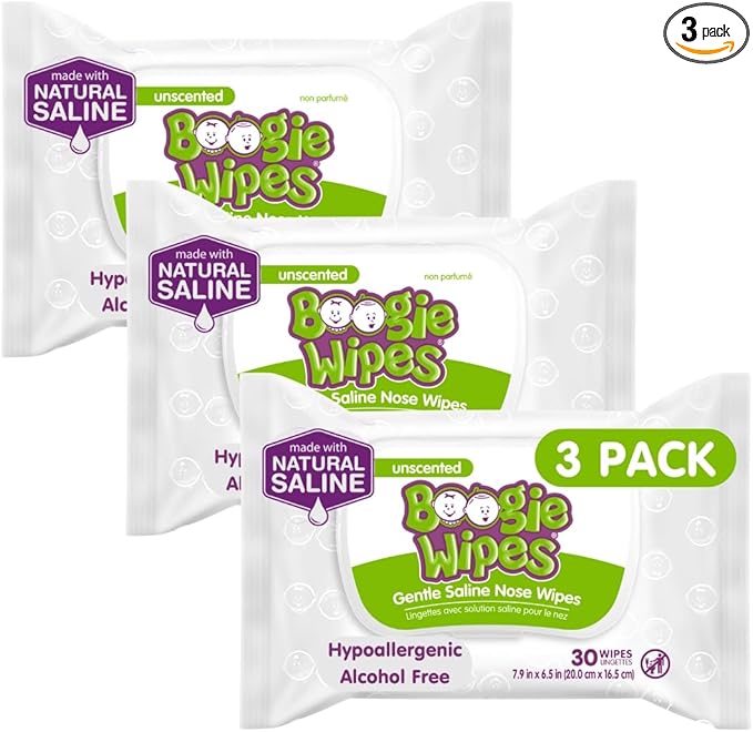 Baby Wipes by Boogie, Saline Wet Wipes for Nose, Face, Hand & Body, Made with Vitamin E, Aloe, Chamomile and Natural Saline, Unscented 30 Count Pack of 3