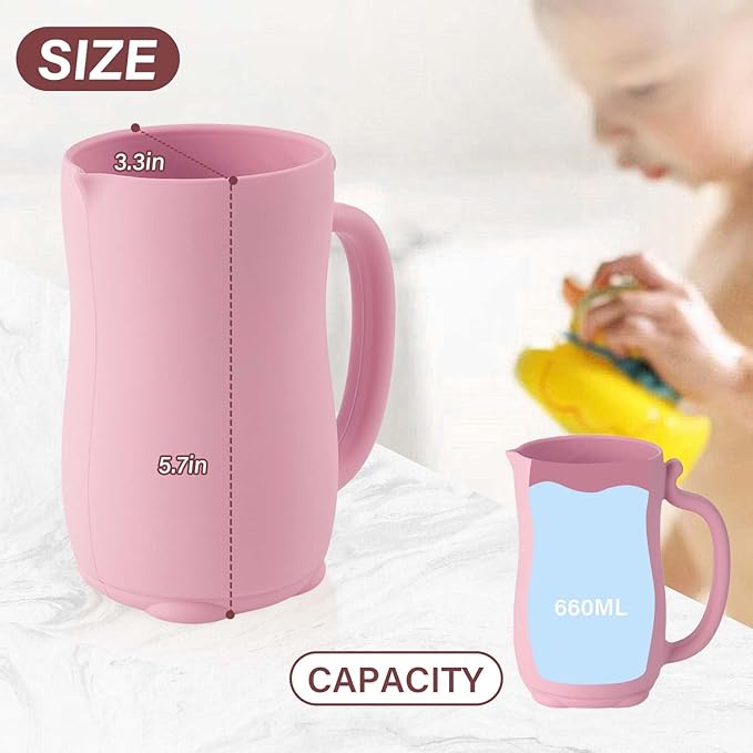 mandoo Baby Bath Rinse Cup - Food Grade Silicone - Shampoo & Body Washing Rinser Cup for Kids with Easy Grip Handle to Rinse Baby Shampoo and Soap - Baby Essentials (Beige+Brush)