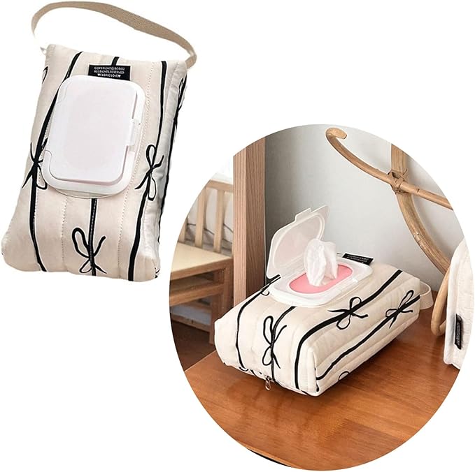 Travel Friendly Wet Wipe Storage Case Quilted Sturdy Cotton Storage Bag With Fashionable Stripe And Bowknot Detail