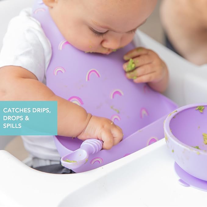 Bumkins Bibs, Silicone Pocket for Babies, Baby Bib for Girl or Boy, for 6-24 Months Up to Toddler, Essential Must Have for Eating, Feeding, Baby Led Weaning Supplies, Mess Saving, Rainbows Purple