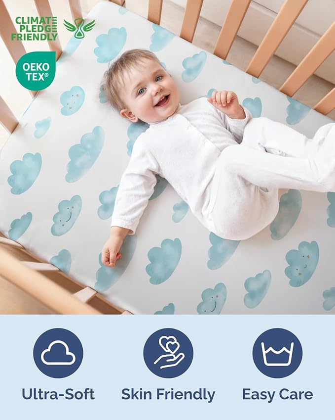 2-Pack Mini Crib Sheets Fitted - Pack N Play Sheets for Pack and Play Mattress - Stretchy Soft Microfiber Playard Bedding - Mini Toddler Bed Cover Boys & Girls - Easy-Fit, Oeko-Tex, 38 x 24in - Clouds