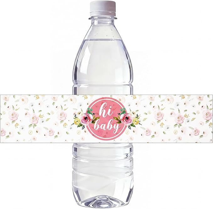 48 Pieces Pink Baby Shower Water Bottle Labels Floral Baby Shower Decorations Waterproof Water Bottle Stickers Wrappers for Pink Floral Themed Baby Shower Favors