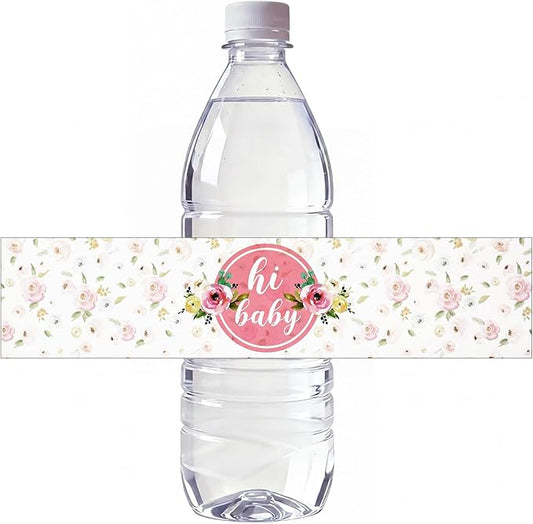 48 Pieces Pink Baby Shower Water Bottle Labels Floral Baby Shower Decorations Waterproof Water Bottle Stickers Wrappers for Pink Floral Themed Baby Shower Favors