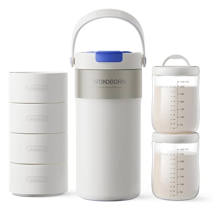 Portable Breast Milk Cooler, 4 Ice Rings, 360°Cooling with Vacuum Lid, Safe Chill for 30H+, 22oz Large Capacity with 2 Bottles, Rapid Chill to 40℉, Extra Wide Opening, Ideal for Work & Travel