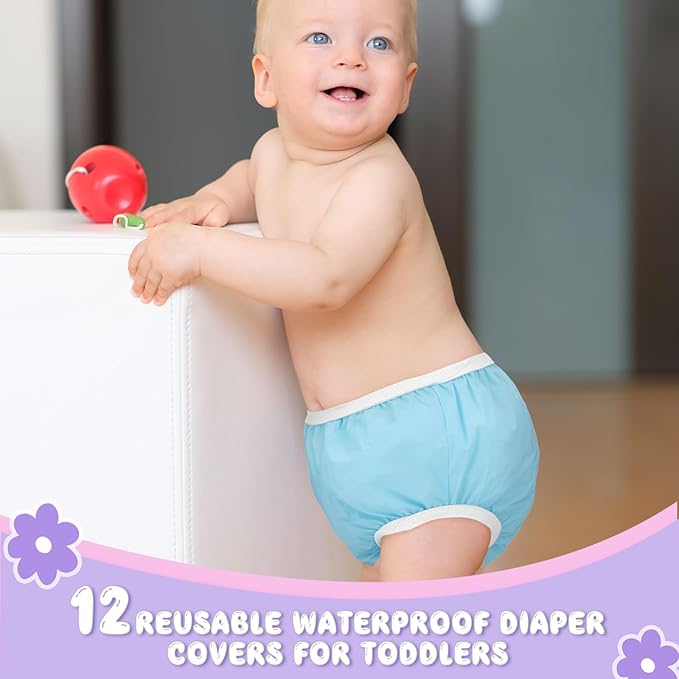 Funtery 12 Packs Waterproof Plastic Pants for Toddlers Reusable Diaper Covers Unisex Baby Potty Training Underwear Covers