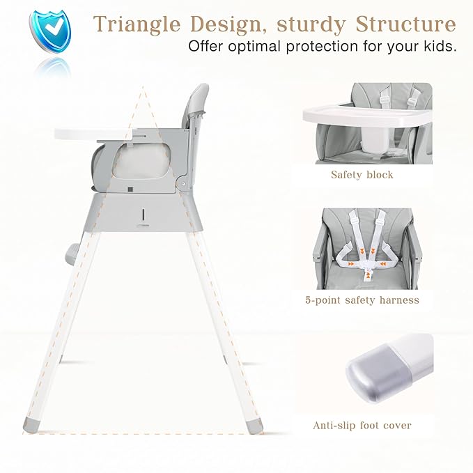 5 in 1 Foldable Baby High Chair,Convertible Highchair for Babies and Toddlers-Portable Infant Booster Seat,Carry Small Box,Dining Chair,Toddler High Chair with 5-Point Harness,Removable Tray-Grey