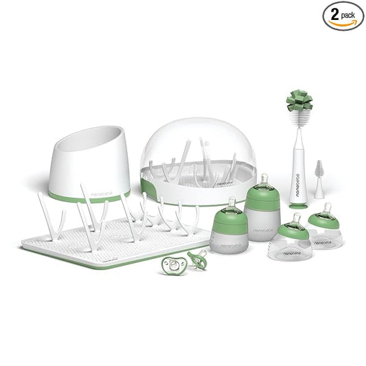 Nanobebe Breastmilk and Silicone Baby Bottle Ultimate Set Gen 2, 5oz and 9oz - with Sterilizer, Drying Rack, Anti-Colic Nipples, Pacifiers, and Warmer - Sage