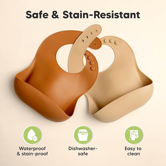 KeaBabies 2-Pack Silicone Bibs for Babies, Toddlers Girl, Boy – Sturdy Food-Grade Baby Bibs for Eating, Large Food Catcher, Clean & Put On Easily, Waterproof Toddler Feeding Essentials (Terracotta)