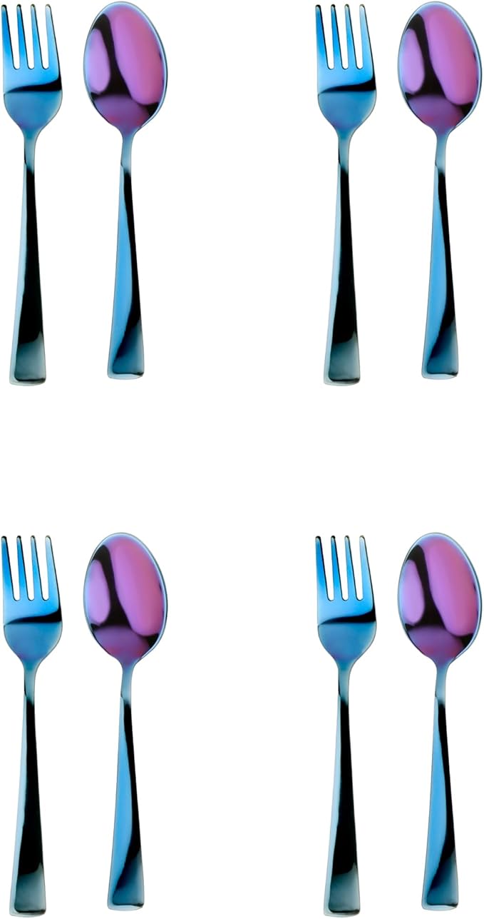 Ahimsa Kids Stainless Steel Utensils, 8 Piece Kid Forks and Spoons Set, Pediatrician Designed Kids Silverware, 100% BPA Free & Dishwasher Safe (Iridescent Blue)