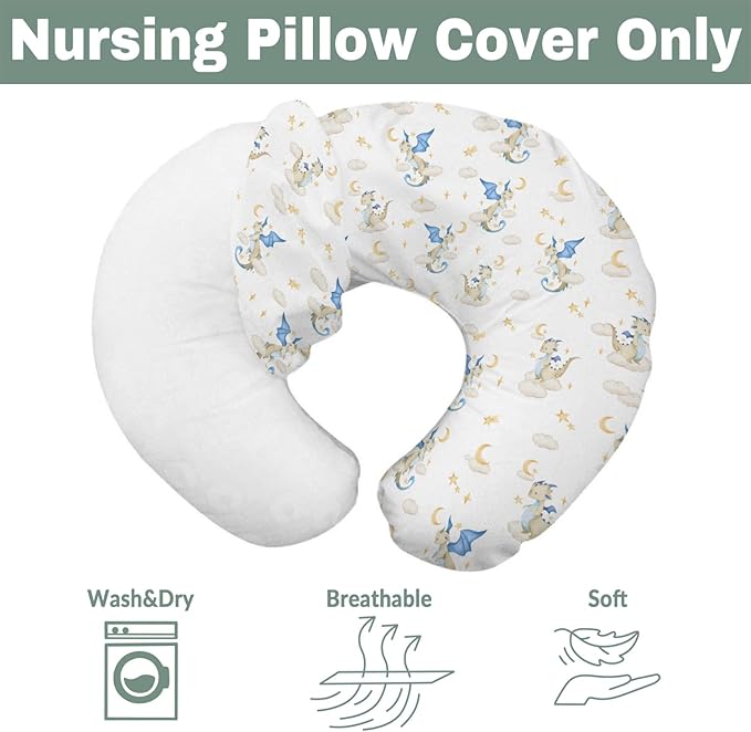 Fantasy Dragon Baby Nursing Pillow Covers for Boy Girl Fairytale Dragons Moon Stars Clouds Trees Nursery Pillowcase for Breastfeeding Pillows Myth Animal Soft Stretchy Slipcover for Newborn Infant