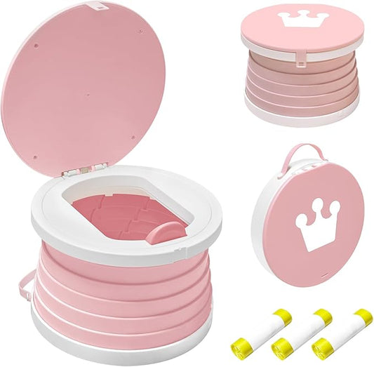 Portable Potty Chair for Toddlers with Splash-Proof Design, Foldable Travel Potty with Bag & 30 Refills - Kids Toilet for Car, Camping, Indoor - Easy Clean Baby Potty Training Seat(White-Pink)