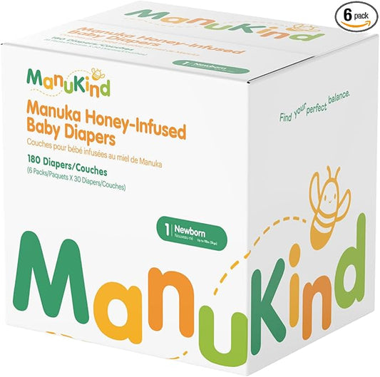 ManuKind Baby Diapers, Manuka Honey Infused, Ultra Soft, Plant-Based Materials, Quick-Dry Comfort, Leak Guard Protection, Size 1 – 180 Diapers (6 Packs of 30)