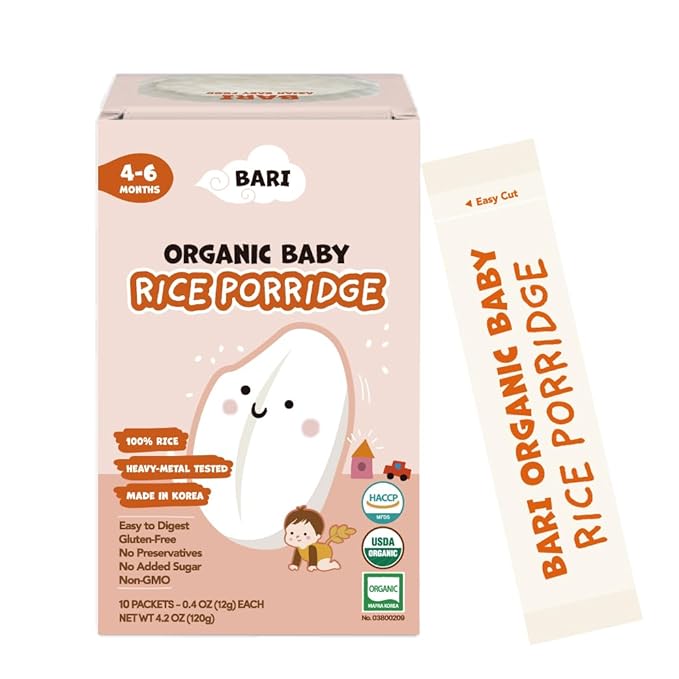 BARI Organic Baby Rice Porridge – Stage 1 – First Food for Babies 4+ Months | USDA Organic, Heavy Metal Tested, Korean Rice Cereal, No Added Sugar, Gluten-Free | 4.2 oz (10 Packets)