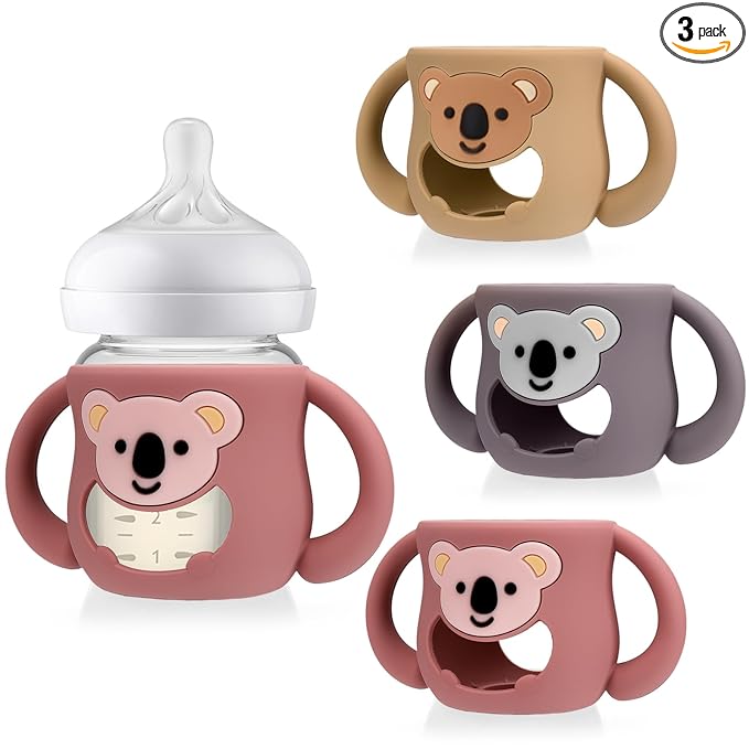 Juome Silicone Sleeves with Handles for Avent Natural Glass Baby Bottle - 3 Pack Koala Shape Anti Breakage Baby Bottles Holder, Compatible with Philips Avent Anti Colic Baby Bottles 4 oz