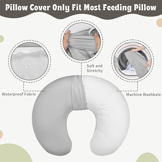 Hooyax Baby Waterproof Nursing Pillow Cover, Stretchy Nursing Covers for Breastfeeding Pillows, Adorable Infant Feeding Pillow Slipcover for Baby Boy and Girls (Grey)