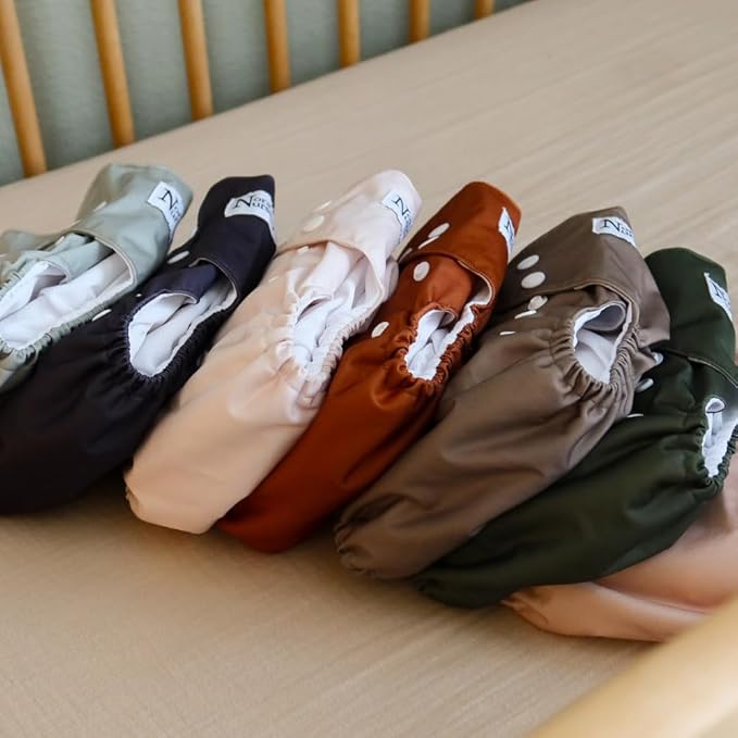 Nora's Nursery AWJ Cloth Diapers 7 Pack with 1 Wet Bag - Waterproof Cover, Washable, Reusable & One Size Adjustable Pocket Diapers for Newborns and Toddlers - Down to Earth