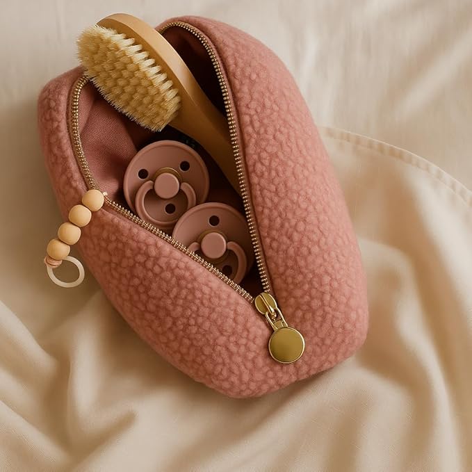 Orelle Bouclé Diaper Caddy Organizer with Matching Pouch & Moon Pendant | Teddy Portable Changing Table Organizer | Pink Diaper Caddy | Must-Have Baby Shower Gifts | Pink