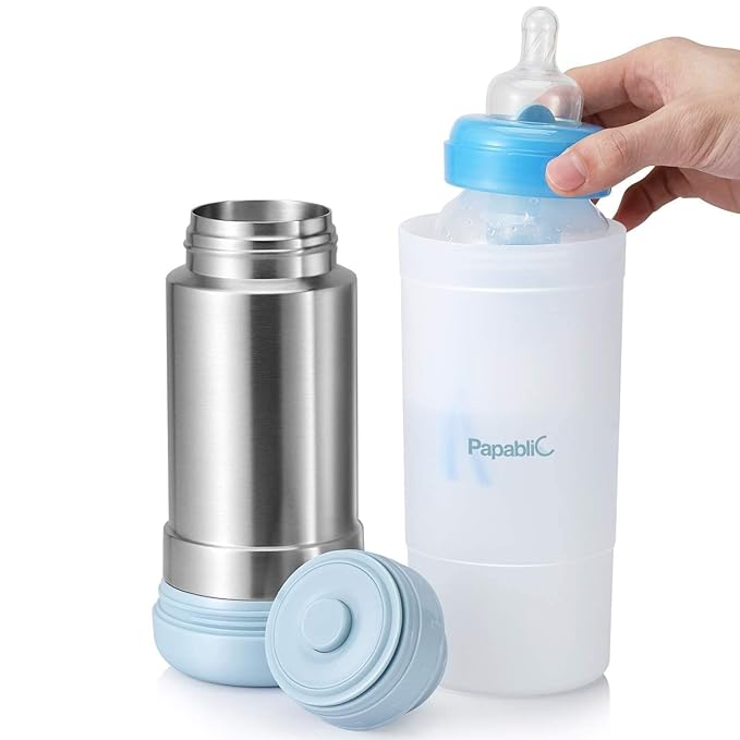 Papablic Portable Travel Baby Bottle Warmer On The Go, Fits Most Car Cup Holders, 12 OZ Stainless Steel Bottle Warmer, Leak-Proof, Safe & Easy to Clean