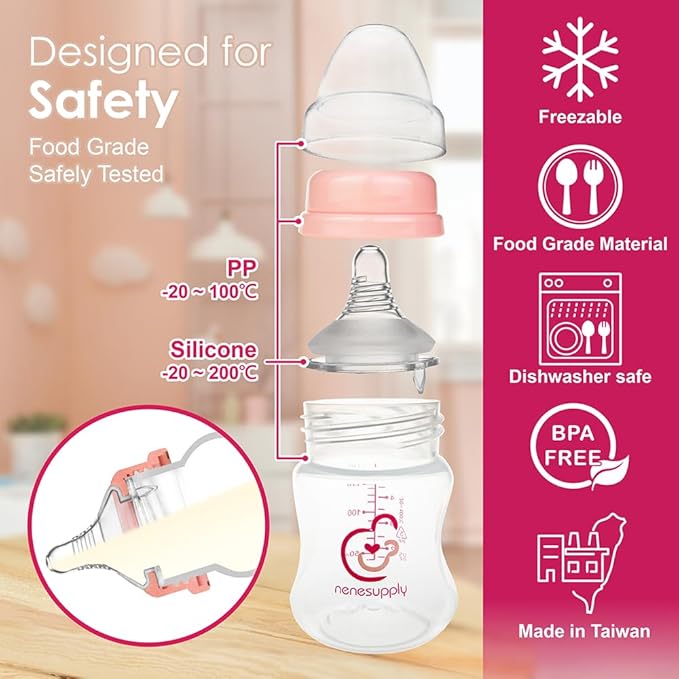 Nenesupply Natural Baby Bottles Newborn Flow Feeding Bottles Breastfeeding Bottle for Breastfed Babies Wide Neck 4.7oz Anti Colic Level 1 Nipple for 0+ Month Infant Replace Spectra Bottles for Pumping