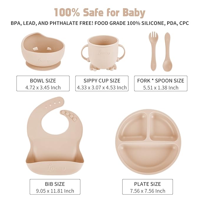 Silicone Feeding Set with Bib, Spoon, Fork, Sippy Cup - Baby Led Weaning Supplies