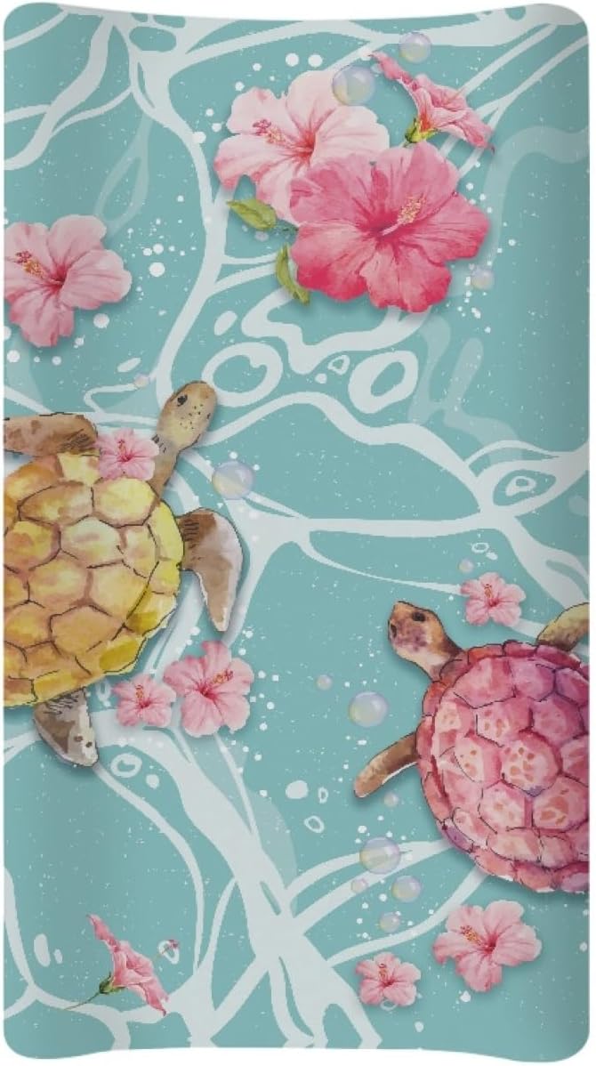 Stretchy Changing Pad Cover, Tropical Floral Hibiscus Turtle Soft Changing Pad Sheets, Unisex for Boys Girls, for Standard Changing Tables