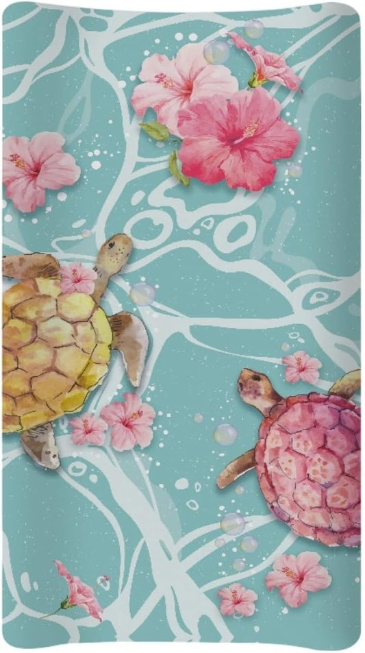Stretchy Changing Pad Cover, Tropical Floral Hibiscus Turtle Soft Changing Pad Sheets, Unisex for Boys Girls, for Standard Changing Tables