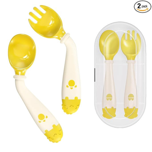 Deejoy Toddler Utensils, Self-feeding Flatware Set withTravel Case, Baby Spoons and Forks with Silicone Bendable Handle, Easy Grip Heat-Resistant, Ideal for Kids, Stage 2, Yellow
