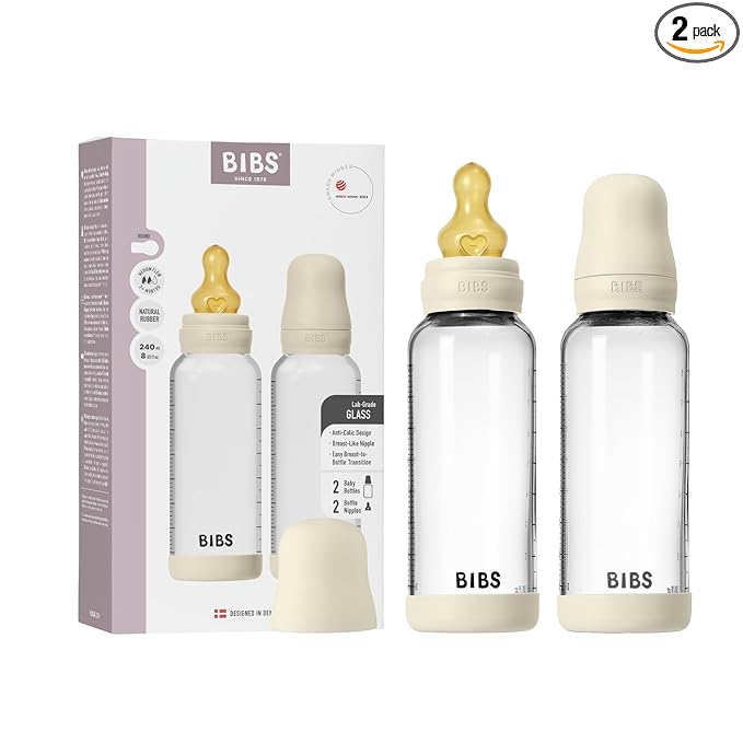 BIBS Glass Baby Bottles 2-Pack, 8.1 Oz. Anti-Colic System for Gas Reduction. Vented Round Natural Rubber Latex Nipple. Supports Infant and Newborn Breastfeeding - 240 ml (Pack of 2), Ivory