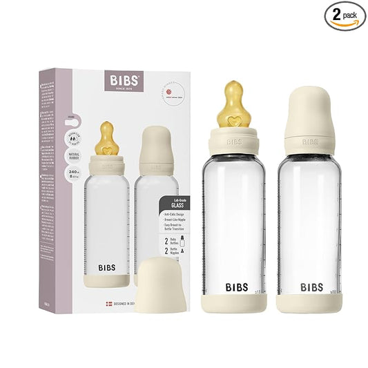 BIBS Glass Baby Bottles 2-Pack, 8.1 Oz. Anti-Colic System for Gas Reduction. Vented Round Natural Rubber Latex Nipple. Supports Infant and Newborn Breastfeeding - 240 ml (Pack of 2), Ivory