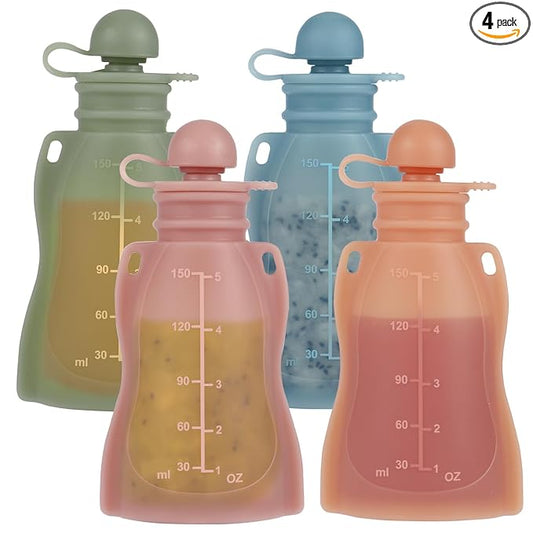 Eascrozn Reusable Baby Food Pouches with Straws, 4 Pack Refillable Silicone Squeezable Pouch for Kids Toddlers, BPA Free, Baby Food Storage Containers for Make Homemade, 5 oz