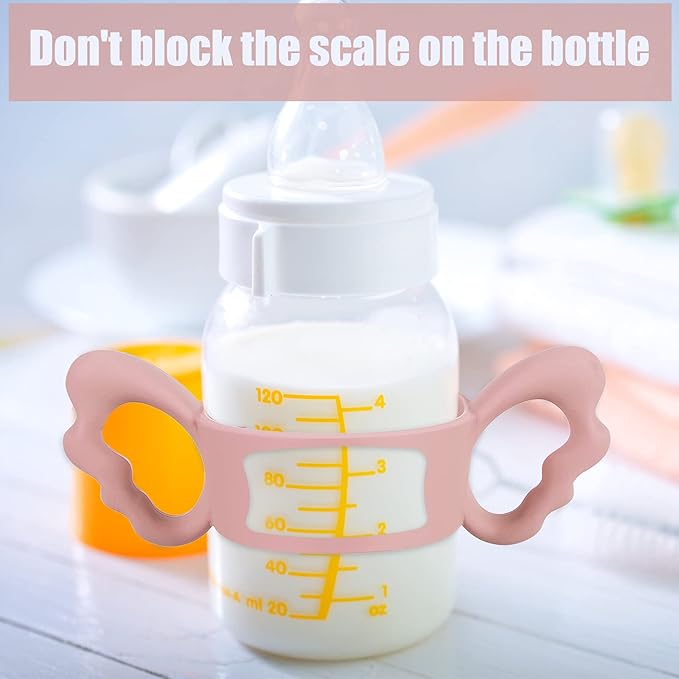 3 Pack Baby Bottle Handles Silicone Wide Neck Feeding Handle Easy Grip Lightweight Bottle Handle Small Hand Gripping for Self Feeding(Pink, Green, Blue)