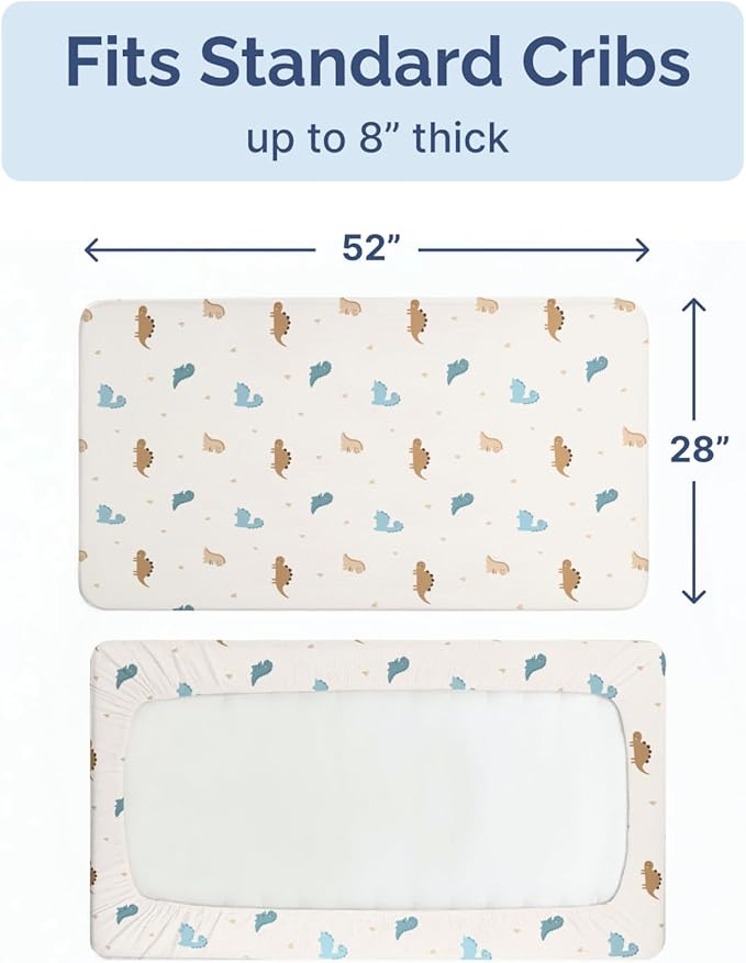 Baby Crib Sheets for Boys & Girls - Pack of 2 Fitted Microfiber Crib Sheets for Standard Crib & Toddler Mattress - Soft, Breathable & Wrinkle Free - Machine Washable, Oeko Tex - 52x28x8in - Cute Dinos