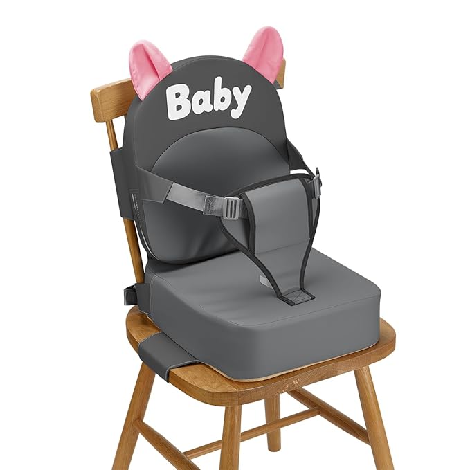 Booster Seat for Dining Table,Toddler Kids Boys Girls Portable PU Waterproof Travel Baby Boosters Increasing Cushion with Backrest and Adjustable Strap (Dark Gray, OneSize)