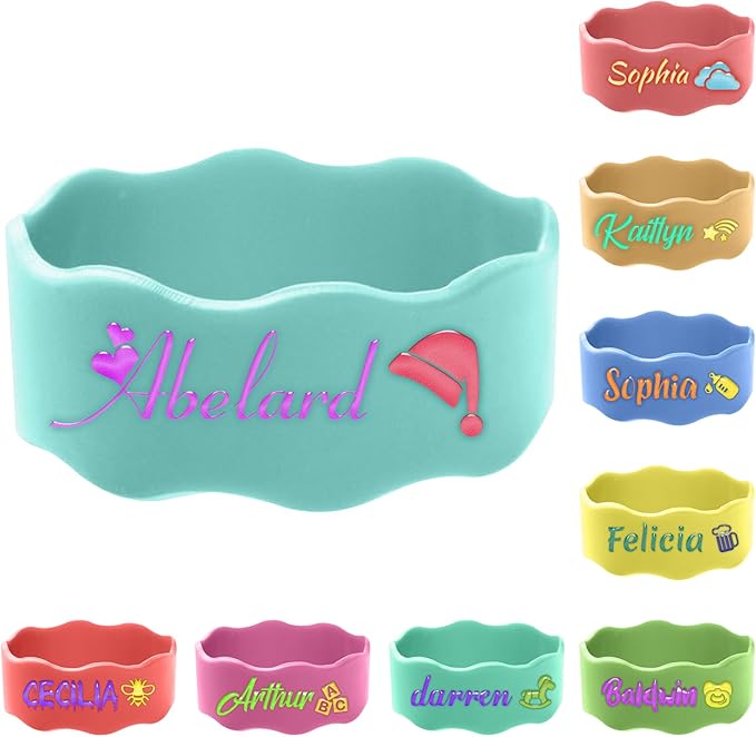 6 Pcs Personalized Water Bottle Name Bands, Elastic Silicone Daycare Labels Washable Sippy Cup Strap Waterproof Bottle Labels Daycare Essentials Gifts