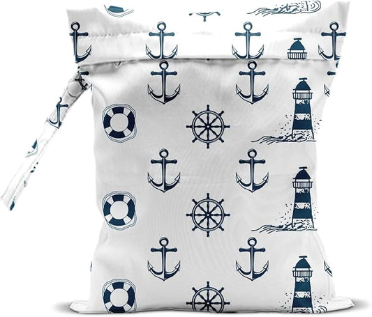 Nautical Style Wet Bag 12x10 Inch, Waterproof Reusable Wet Dry Bag for Swimsuit, Travel, Beach, Pool, Diapers, Dirty Yoga Gym Clothes, Makeup Bags, Nautical Style Gifts for Women Friend