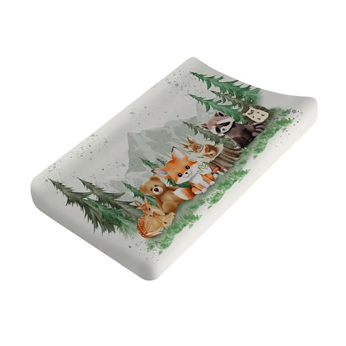 Cute Animals Mountain Trees Baby Changing Pad Covers Bear Raccoon Deer Rabbit Hedgehog Diaper Change Table Sheets for Boys Girls Soft Stretchy Baby Diaper Changing Table Mat Cover 32''x16''