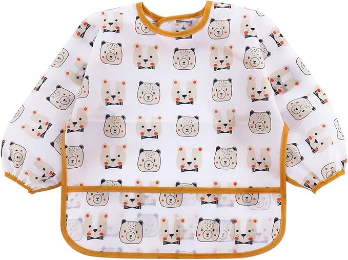 PandaEar 5 Pack Long Sleeve Bibs for Babies 6-24 Months, Lightweight Waterproof Toddler Smock for Eating & Messy Art, Washable Weaning Bibs with Stay-Open Pocket, Breathable & Travel-Friendly