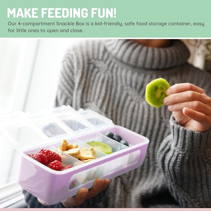 melii Snackle Box | 4 Compartment Divided Snack Container with Individual Lids, Kids Lunch & Travel Food Storage Organizer, BPA-Free, 2-Pack (Pink + Purple)