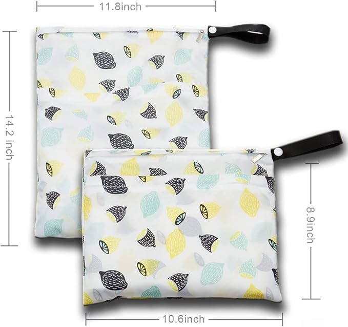 Waterproof Cloth Diaper Wet Dry Bags, Reusable Hanging Wet Bags with Two Smooth Zipper, Excellent 2-in-1 Wet/Dry bags for Storage, Travel, Picnic, (L+S Lemon)