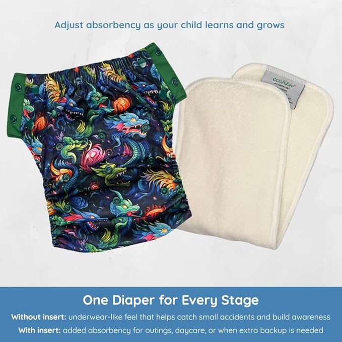 EcoAble Reusable Potty Training Diaper with Insert, Daytime Pull-on Cloth Training Pants for Toddlers and Big Kids (Size 3, Purple Camo)