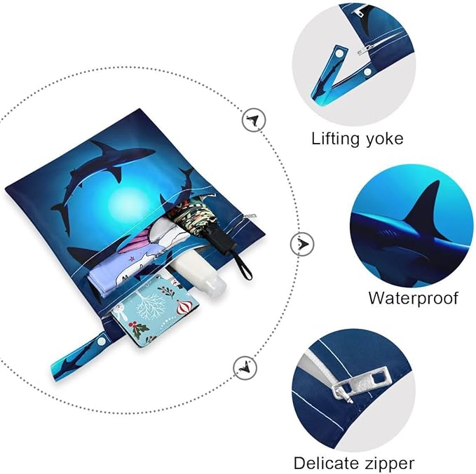 Qilmy 2pcs Sea Shark Wet Dry Bag Waterproof Reusable Baby Cloth Diaper Organizer for Travel, Beach, Stroller, Diapers, Swimsuits, Toiletries