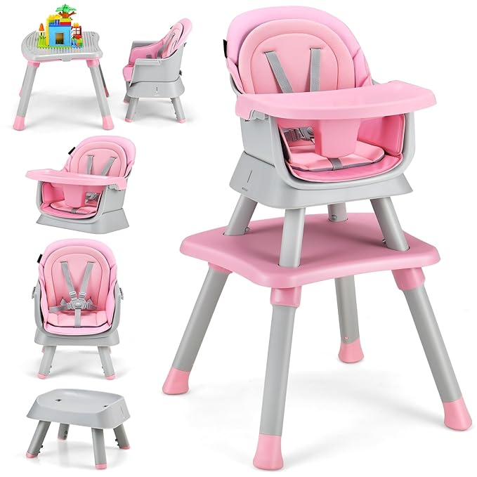 HOMGX Baby High Chair, 8-in-1 Convertible High Chair w/Removable Tray & Safety Harness, Infant Dining Booster Seat, Building Block Table & Chair Set, Highchair for Babies and Toddlers (Pink)