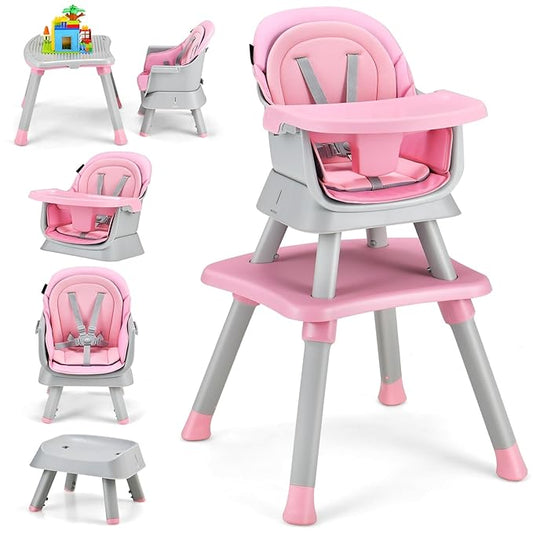 HOMGX Baby High Chair, 8-in-1 Convertible High Chair w/Removable Tray & Safety Harness, Infant Dining Booster Seat, Building Block Table & Chair Set, Highchair for Babies and Toddlers (Pink)