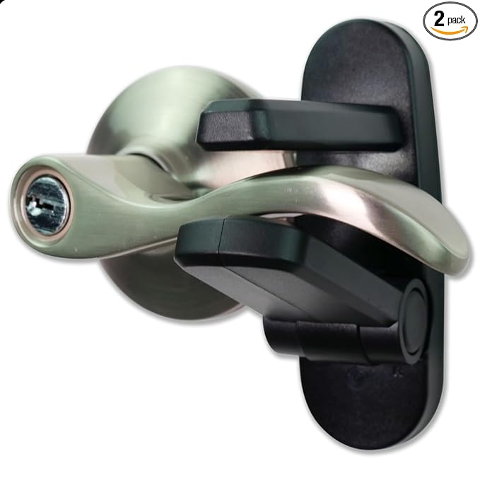 Door Lever Lock (2 Pack) Prevents Toddlers from Opening Doors. 3.25" L * 1.5" W * 4.5" H Easy One Hand Operation for Adults. Durable ABS with 3M Adhesive Backing. Simple Install, Black