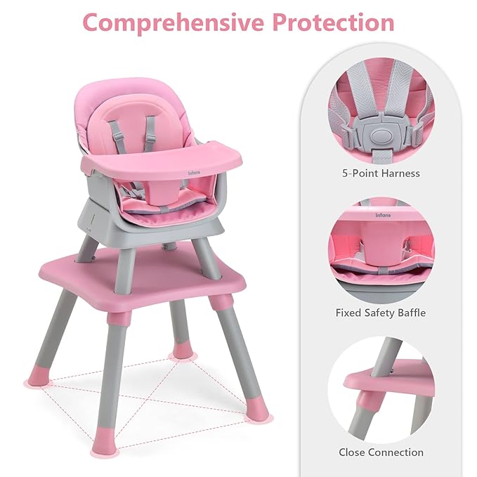 INFANS 8 in 1 Baby High Chair, Convertible Highchair for Babies and Toddlers, Infant Dining Booster Seat, Building Block Table, Kids Stool Table Chair Set with Removable Tray (Light Pink)
