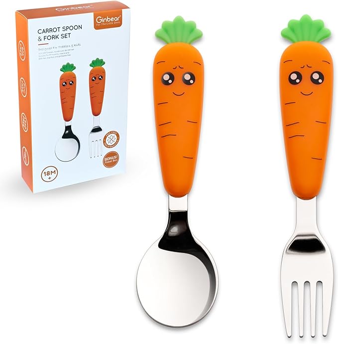 Ginbear Toddler Utensils with Case, Non-toxic Kids Spoons and Forks for Ages 18 Months+, Cute Child Flatware Set