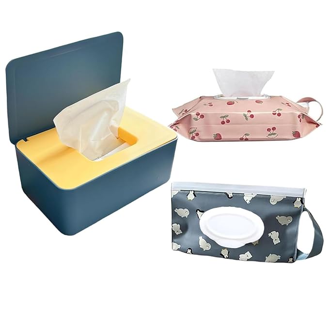 Wipes Dispenser, Holder with 2Pcs Refillable Wipe Holder, Rectangular Plastic Blue Wipe Case for Home, Office